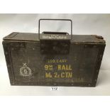 A WOODEN AND METAL BOUND AMMO BOX 40 X 22 X 12CMS