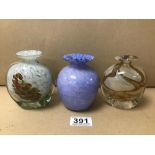 THREE ART GLASS VASES OF VARYING SHAPES AND DESIGNS, INCLUDING MDINA 11.5CM HIGH