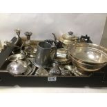 A LARGE BOX OF SILVER PLATED ITEMS INCLUDES TEAPOT, SALTS'N'PEPPERS