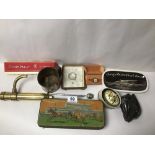 BOX OF MIXED ITEMS INCLUDING EARLY CAR LIGHTS AND A VINTAGE TOY KIDDIES WATCH WITH ORIGINAL BOX