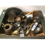 A MIXED BOX OF METALWARE INCLUDES COPPER PANS BRASS PURSE AND PLATED JUGS AND MORE