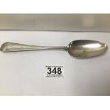 A GEORGE II HALLMARKED SILVER TABLESPOON, 21CMS 65GRAMS