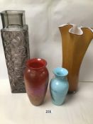 FOUR LARGE PIECES OF GLASSWARE INCLUDING AN IRIDESCENT ROYAL BRIERLEY STUDIO VASE LARGEST 45CMS