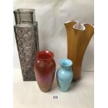 FOUR LARGE PIECES OF GLASSWARE INCLUDING AN IRIDESCENT ROYAL BRIERLEY STUDIO VASE LARGEST 45CMS