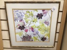 A FRAMED AND GLAZED SIGNED WATERCOLOUR BY CJJ OF STILL LIFE 43 X 44 CM