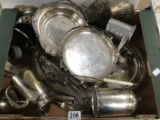 A LARGE BOX OF SILVER PLATED ITEMS TRAY, PHOTOGRAPH FRAME, AND OTHERS