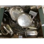 A LARGE BOX OF SILVER PLATED ITEMS TRAY, PHOTOGRAPH FRAME, AND OTHERS