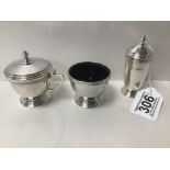 A THREE PIECE SILVER CONDIMENT SET, COMPRISING OPEN SALT, PEPPER POT AND MUSTARD POT, HALLMARKED