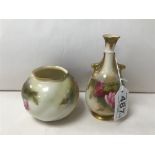 TWO ROYAL WORCESTER VASES HAND PAINTED ROSES LARGEST 12CMS