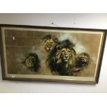 A VINTAGE FRAMED AND GLAZED SIGNED PRINT BY DAVID SHEPARD WITH LIONS 111 X 62CMS