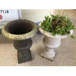 TWO VINTAGE CAST IRON PLANTERS ON PEDESTAL BASES 45CMS HIGH