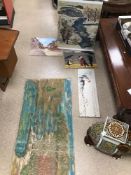 A QUANTITY OF UNFRAMED ART WORK INCLUDING AN EARLY ORIENTAL PANEL LARGEST 122 X 61 CM