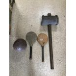 VINTAGE ITEMS INCLUDES STOOL BALL BATS AND A VERY LARGE WOODEN MALLETT