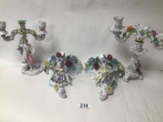 FOUR PIECES OF GERMAN POTTERY INCLUDING A PAIR OF WALL SCONCES AND A DRESDEN CANDELABRA AND ONE