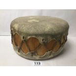 AN ORIGINAL NATIVE AMERICAN SKIN DRUM 29 X 17CMS