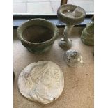 FOUR PIECES OF CONCRETE GARDEN ITEMS PLANTER, BIRD BATH AND PLAQUE