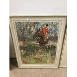 A VINTAGE FRAMED AND GLAZED 1971 PRINT BY MICHAEL LYNE OF HUNT SCENE 80 X 64CMS