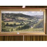 AN OIL ON CANVAS OF A COUNTRY HILLSIDE VIEW FRAMED 59 X104CMS