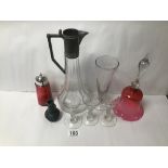 MIXED GLASSWARE INCLUDING A CRANBERRY BELL, EWER, AND EARLY RUMMERS