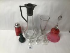 MIXED GLASSWARE INCLUDING A CRANBERRY BELL, EWER, AND EARLY RUMMERS