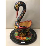 AN UNUSUAL CONTINENTAL PAPIER MACHE SWAN DISH WITH MATCHING TRAY, BOTH WITH FLORAL DECORATION ON A