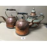 TWO EARLY COPPER AND BRASS KETTLES BY ELEXCEL AND CREDA, TOGETHER WITH AN ORIENTAL TEA POT