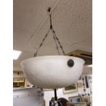 AN OPALESCENT VINTAGE GLASS SHADE WITH ORIGINAL CHAINS 35SM DIAMETER