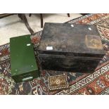 THREE MIXED ITEMS METAL DEEDS BOX HOLMES AND SON WITH METAL INDEX DRAWER AND WOODEN PARQUETARY BOX