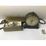 THREE MIXED ITEMS A FISHING SALTERS SCALES NO 3, SWIZA ALARM CLOCK AND A COMBINED MAP MEASURER,