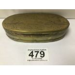 A DUTCH ENGRAVED BRASS OVAL SNUFF BOX 13CM