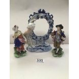 THREE PIECES OF 19TH CENTURY GERMAN POTTERY TWO FIGURES AND A PHOTO FRAME