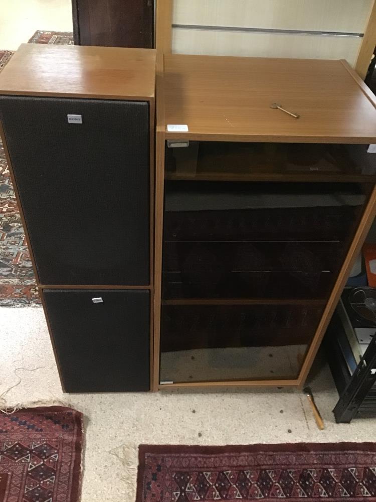 A QUANTITY OF HIFI SEPARATES INCLUDES CABINET, SONY SPEAKERS (SS5177), PIONEER C-D TAPE (PD-4050)