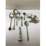 A HALLMARKED SILVER CIGAR PIERCER, SEVEN VARIOUS HALLMARKED SILVER SPOONS, AND TWO 925 SILVER CHAINS