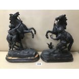 TWO SPELTER MARLEY HORSES, RAISED UPON WOODEN BASES, 32CM HIGH