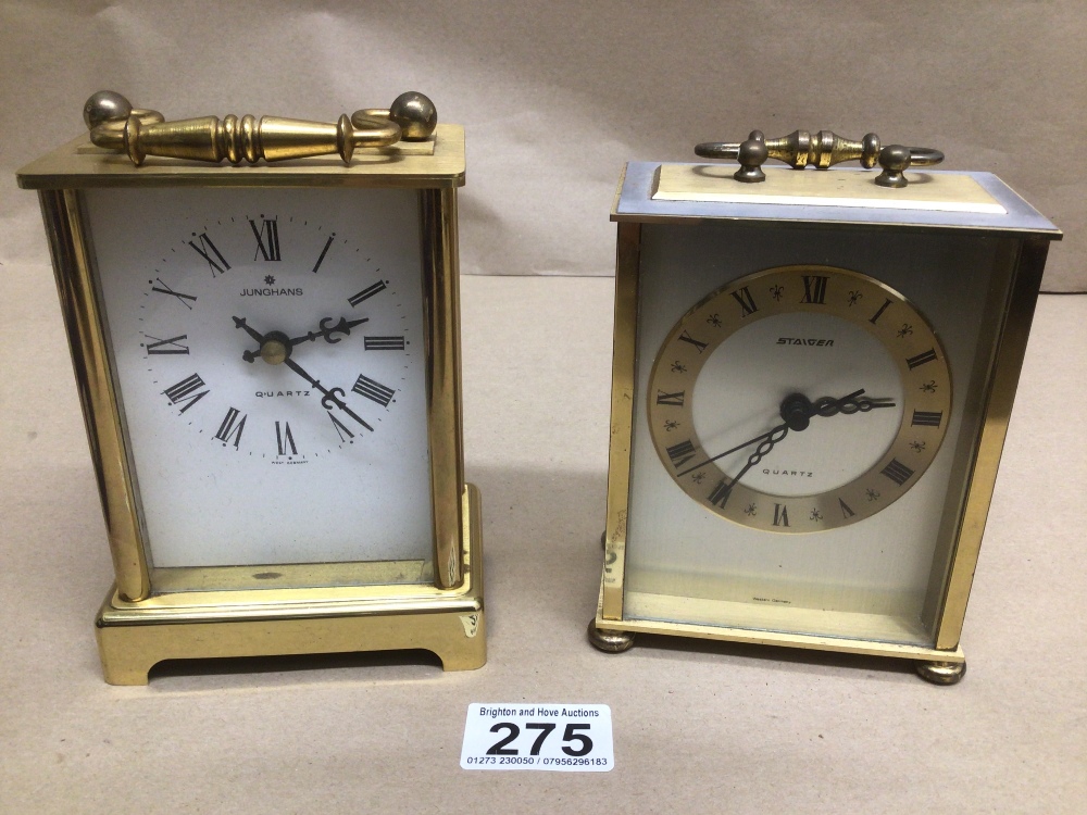 TWO GERMAN QUARTZ BRASS CARRIAGE CLOCKS BY STAIGER AND JUNGHANS LARGEST 15CM