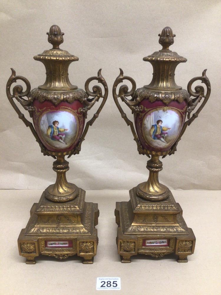 A PAIR OF HAND PAINTED PORCELAIN AND GILT METAL 19TH CENTURY GARNITURE 39CM - Image 2 of 8