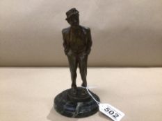 A NICKEL-SILVERED BRONZE WELL DETAILED MOUSTACHED MAN IN HAT MOUNTED ON A MARBLE BASE ( A TRAMEL