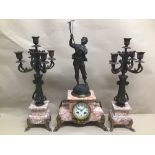 A PINK MARBLE JAPYS FRERES (FRANCE) MANTLE CLOCK WITH GARNITURE SPELTER FIGURE PRUNING BY ROUSSEAU