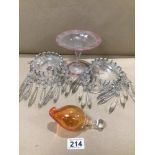 TWO CUT GLASS DROPS LIGHT SHADES AND GLASS TAZZA