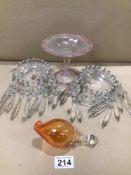 TWO CUT GLASS DROPS LIGHT SHADES AND GLASS TAZZA
