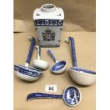 A GRADUATED SET OF BLUE AND WHITE VICTORIAN PERIOD LADELS WITH A VICTORIA CHINA VASE