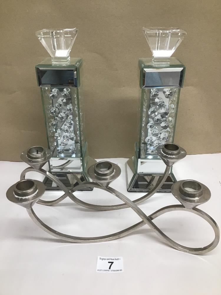 A PAIR OF CUT GLASS AND MIRROR CANDLESTICKS 28CM ALONG WITH A CHROME CANDELABRA