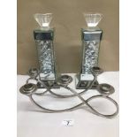 A PAIR OF CUT GLASS AND MIRROR CANDLESTICKS 28CM ALONG WITH A CHROME CANDELABRA
