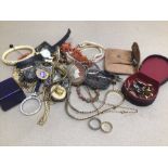 A MIXED BOX OF COSTUME JEWELLERY WITH MINIATURE PERFUME BOTTLES AND A 19TH CENTURY IVORY BANGLE