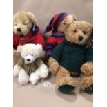 FOUR HARRODS TEDDY BEARS 1998, 2003, 2004 AND A SMALL MOHAIR BEAR