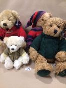 FOUR HARRODS TEDDY BEARS 1998, 2003, 2004 AND A SMALL MOHAIR BEAR
