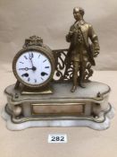 A 19TH CENTURY GILT BRASS MANTLE CLOCK WITH AN ALABASTER BASE BY JAPY FRERES PARIS