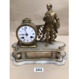 A 19TH CENTURY GILT BRASS MANTLE CLOCK WITH AN ALABASTER BASE BY JAPY FRERES PARIS