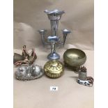 MIXED METALWARE ITEMS INCLUDES BRASS AND PLATED SALTS AND PLATED EPERGNE