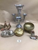 MIXED METALWARE ITEMS INCLUDES BRASS AND PLATED SALTS AND PLATED EPERGNE